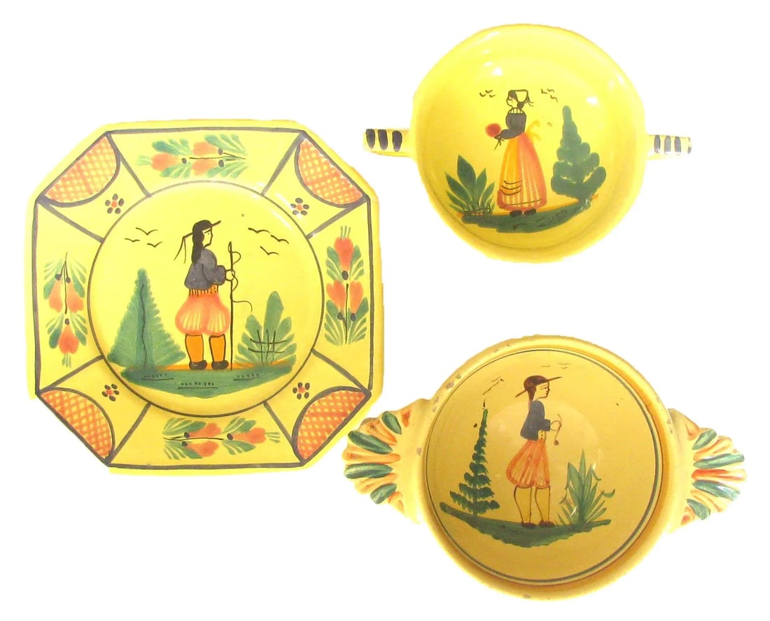 Vintage French Soleil Yellow Quimper Collection, Set of 3 - 8