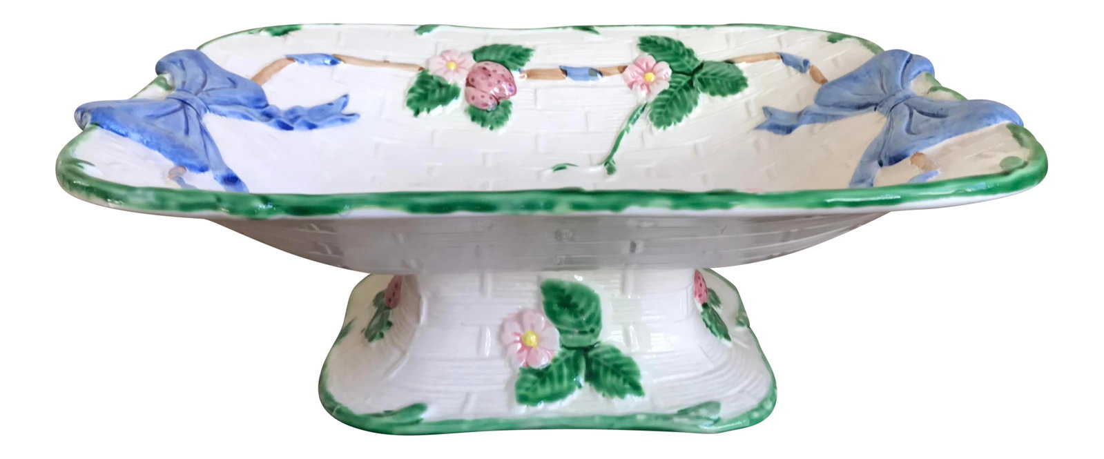 Vintage Painted Strawberry Compote on Stand: Sweet basket weave compote on stand decorated with strawberry vines and blue ribbons. More of a bowl than a dish and perfect for berries or cookies. Made by the Haldon Group and this is the Ribbon