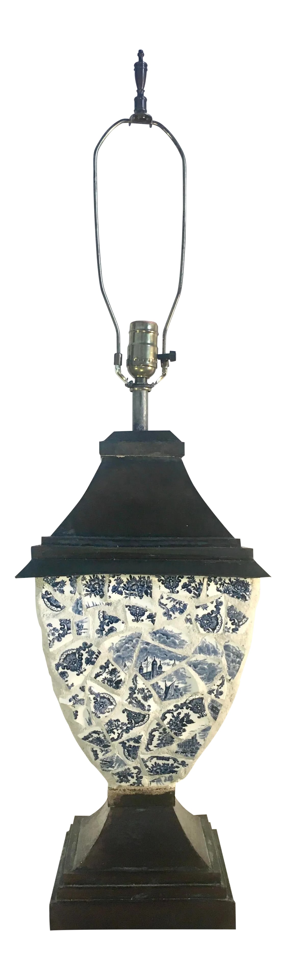 French Country Style Broken Delft China Mosaic Table Lamp: Lamp consists of a body composed of broken delft china pieces on a bronzed patina base. This would look great with a pagoda style shade as shown, though not included. Dimensions: 9.75" x 9.75" x