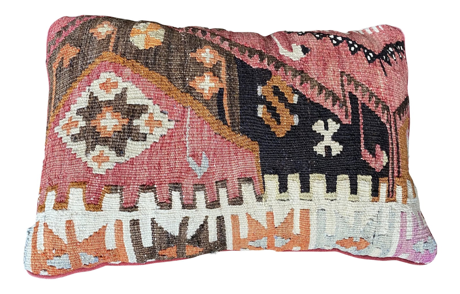 Vintage Turkish Kilim Rug Pillow - 10x17: Vintage Kilim pillow made of sections of vintage rug. Earth tones. Warm and elegant. Condition: Alterations: Original Condition Unaltered Imperfections: Some Imperfections Condition Notes: nice