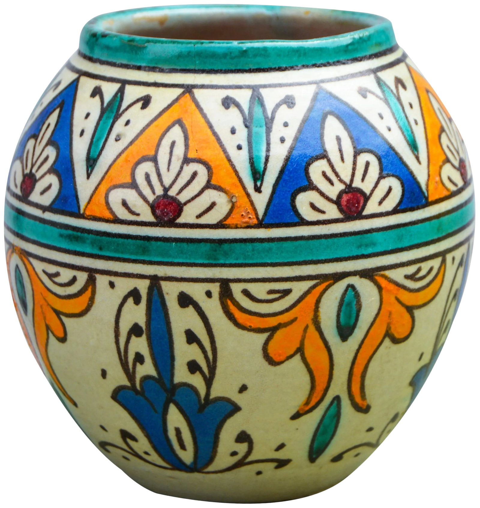 Early 20th Century Ceramic Vase W/ Andalusian Pattern: Antique handcrafted and glazed ceramic vase with an intricately hand-painted Moorish pattern in a traditional Andalusian color combination. Signed Fez in Arabic on underside. This beautiful accent