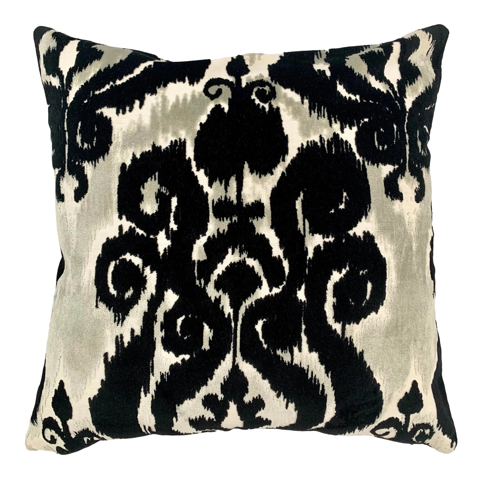 FirmaMenta Italian Black and White Ikat Velvet Pillow: These Pillows are made in Italy with a gorgeous jacquard velvet, Ikat pattern in black and white with an rich velvet texture for elegant and sophisticated interiors. Back of Solid Italian Black