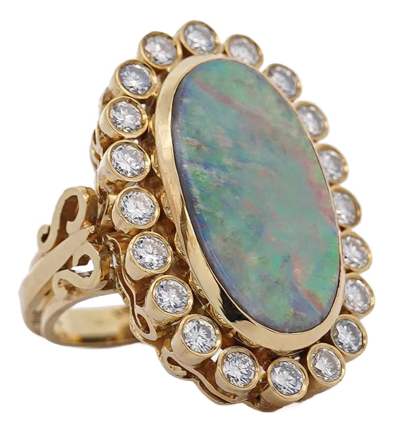 1990s Oval Boulder Opal & 2 Carat Round Cut Diamond Halo 18k Gold Vintage Ring, Size 6 (1 of 4)