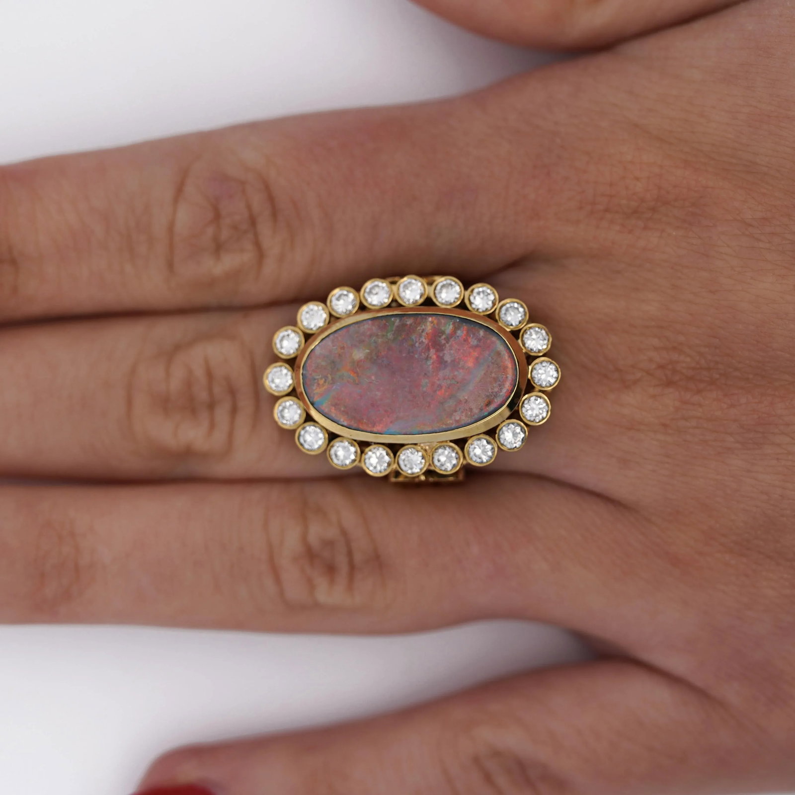 1990s Oval Boulder Opal & 2 Carat Round Cut Diamond Halo 18k Gold Vintage Ring, Size 6 - 2