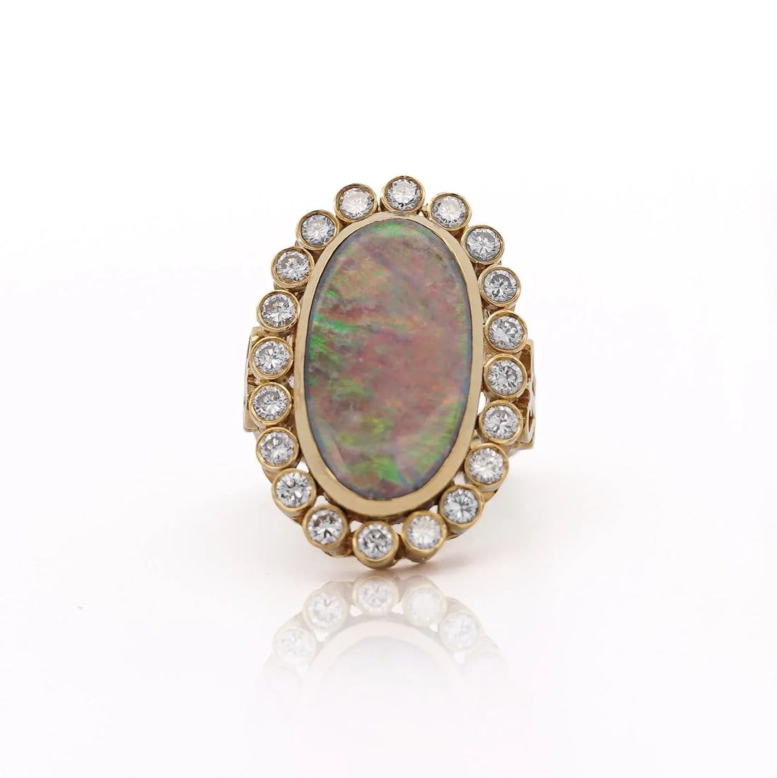 1990s Oval Boulder Opal & 2 Carat Round Cut Diamond Halo 18k Gold Vintage Ring, Size 6 - 3