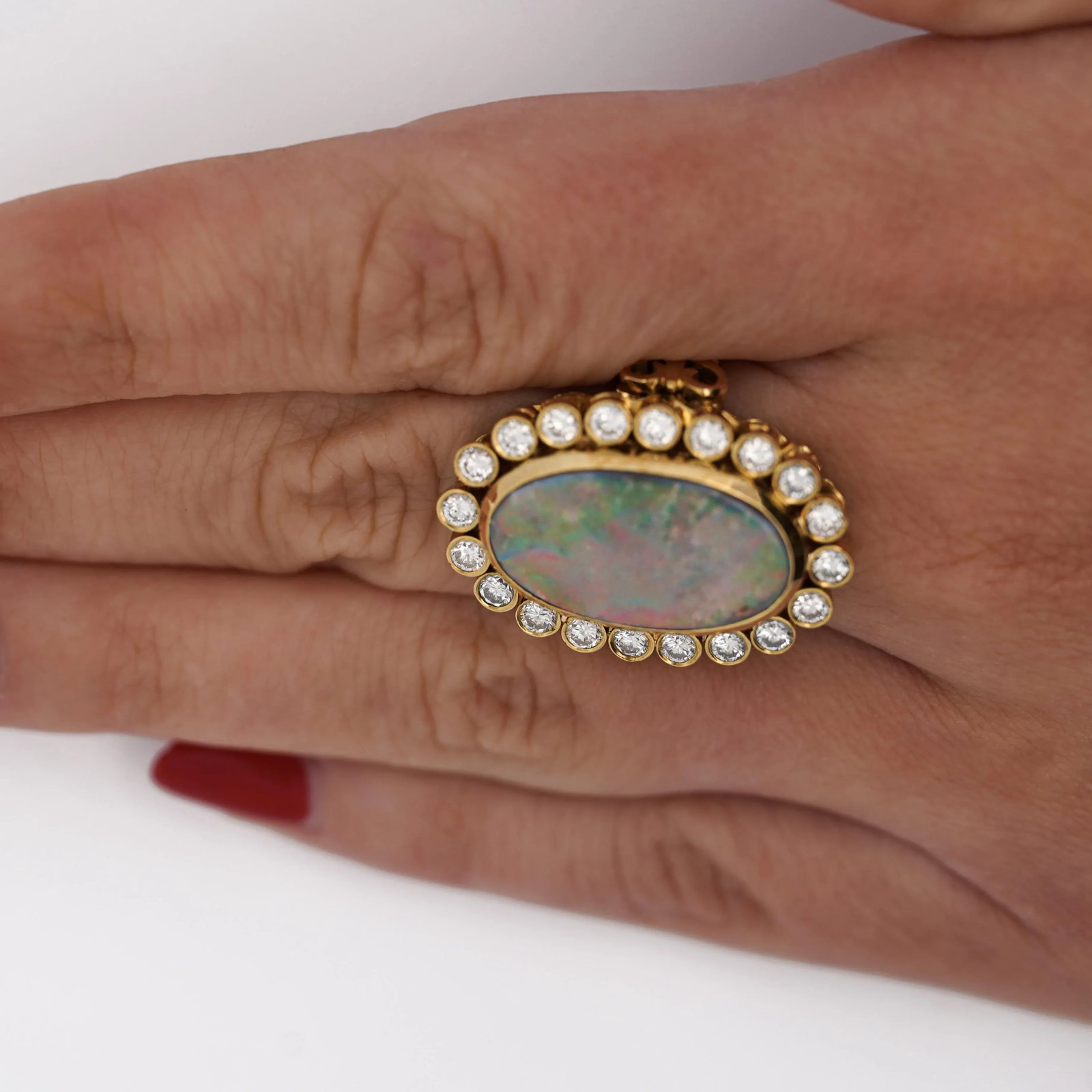 1990s Oval Boulder Opal & 2 Carat Round Cut Diamond Halo 18k Gold Vintage Ring, Size 6 - 4