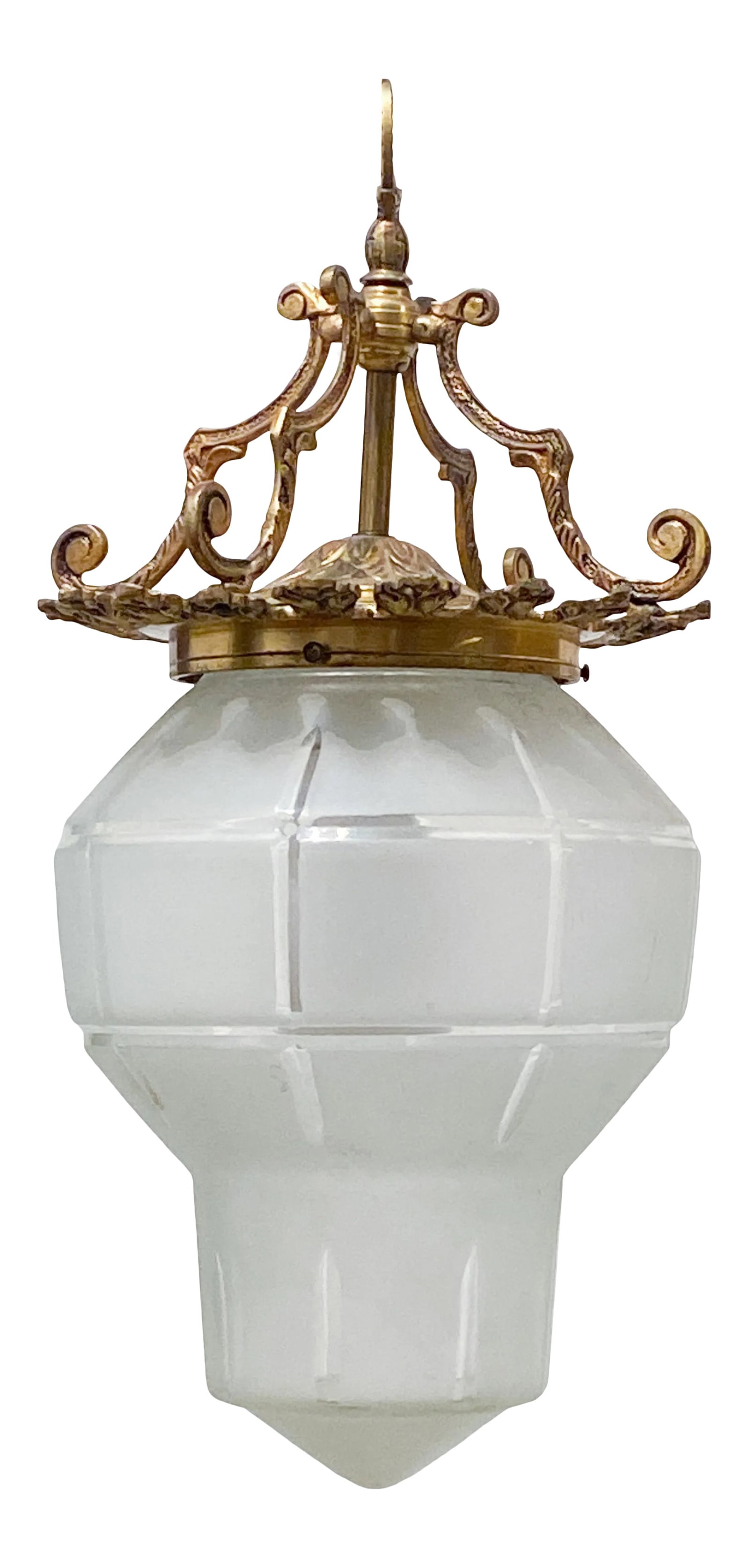 Frosted Acid-Etched Glass Lantern: Frosted Acid-Etched Glass Lantern with brass frame. Its rewired and it has 1 Edison socket and it can hold up to 100W light bulb. #79 Condition: Alterations: Original Condition Unaltered Imperfections