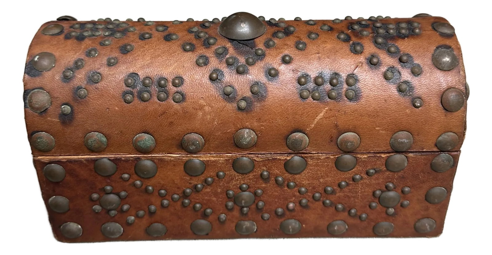 Mid 20th Century Vintage Studded Spanish Leather Dome-Top Chest: Vintage Studded Leather Dome-Top Spanish Chest with Brass studs. Handmade. Condition: Alterations: Original Condition Unaltered Imperfections: Some Imperfections Condition Notes: All vintage items