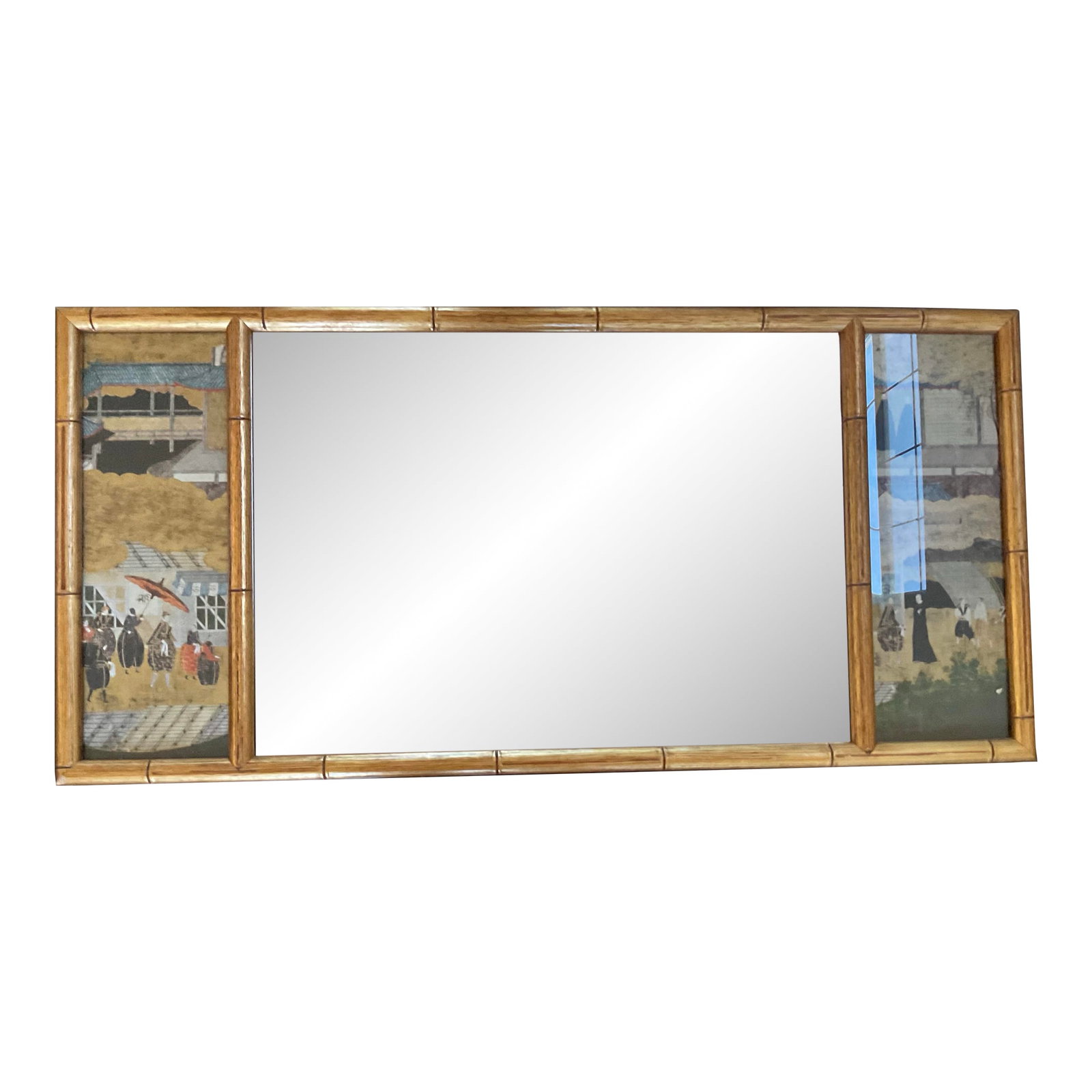 Vintage Asian Faux Bamboo Mirror: This Asian mirror is a mixed media art piece as it has incorporated the images of a historical Japanese painting. The image shows a 17th-century Nanban art piece depicting Portuguese visitors arriving