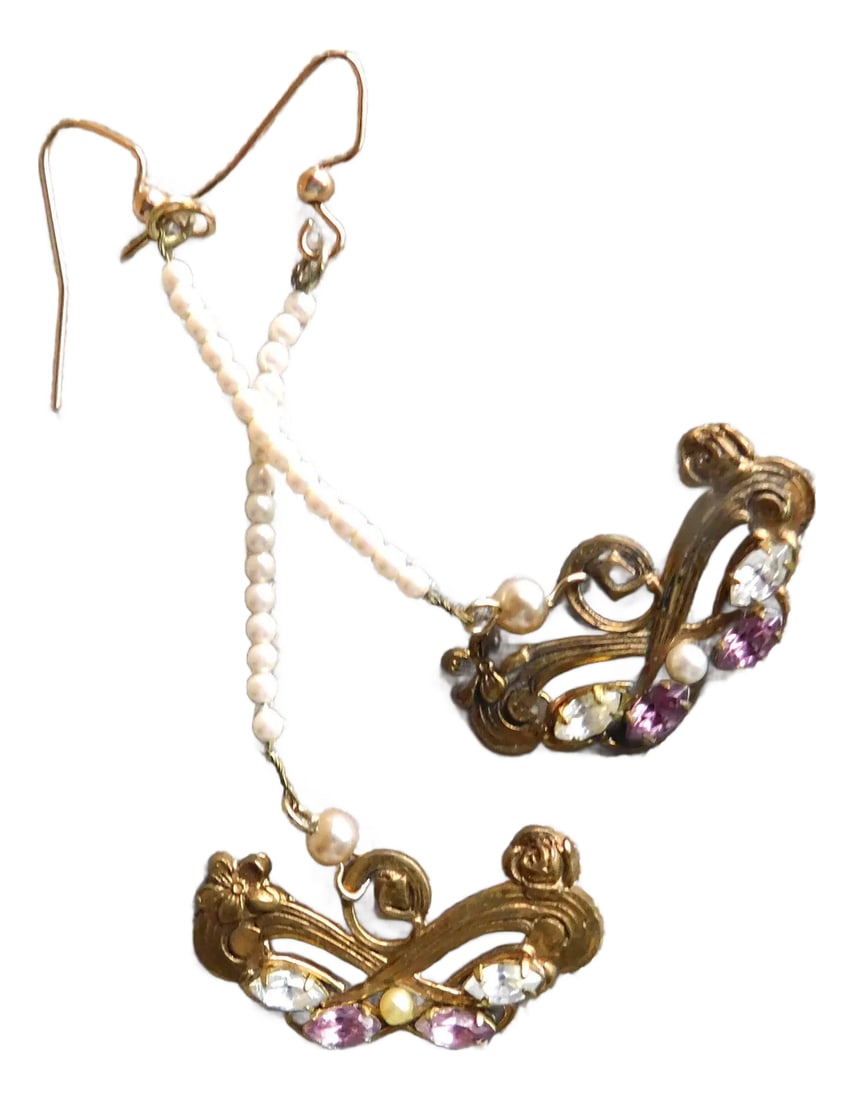 Vintage Seed Pearl, Amethyst and Crystal Long Drop Earrings: Vintage Seed Pearl, Gold, Amethyst and Clear Crystal Art Nouveau Style Long Earrings on a unique 15-Seed Pearl Drop. These one of a kind, handmade stunners are solid brass, with gold plate wires, and 