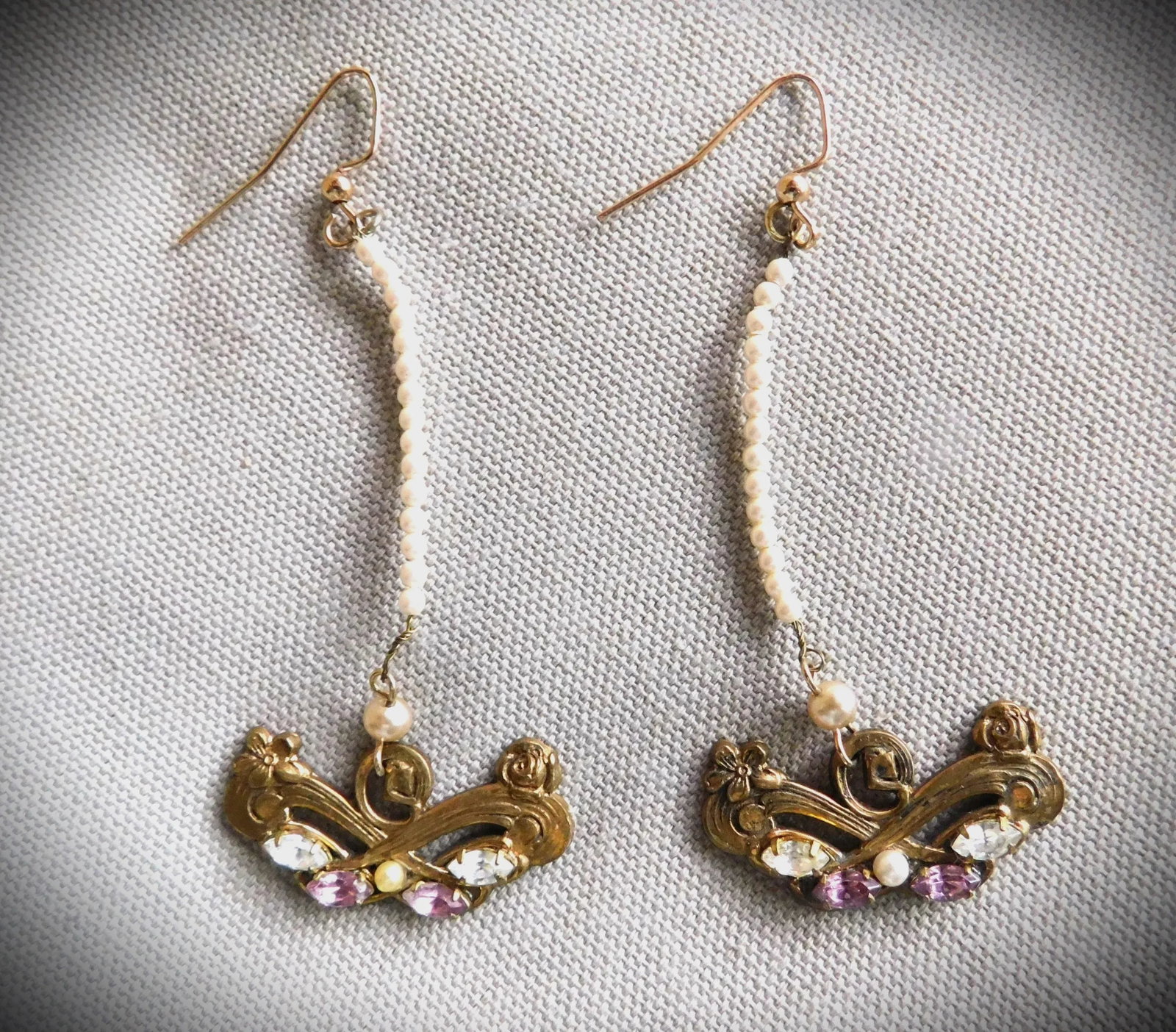 Vintage Seed Pearl, Amethyst and Crystal Long Drop Earrings - 2