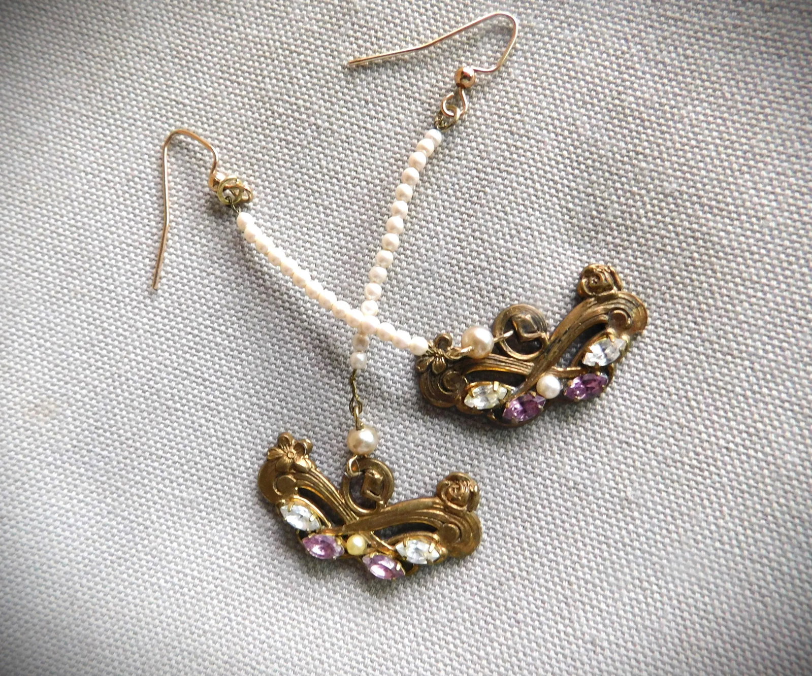 Vintage Seed Pearl, Amethyst and Crystal Long Drop Earrings - 5