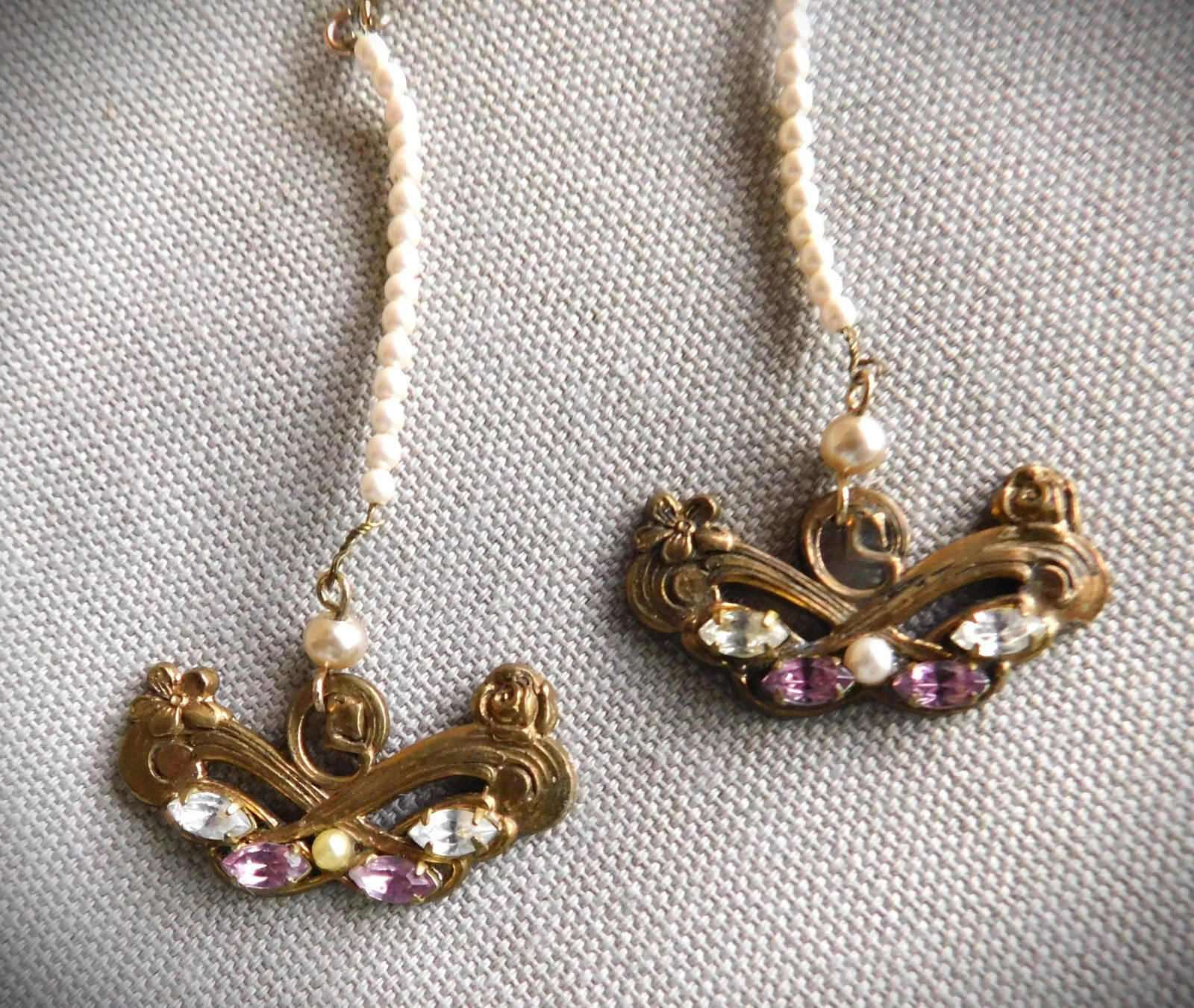 Vintage Seed Pearl, Amethyst and Crystal Long Drop Earrings - 7