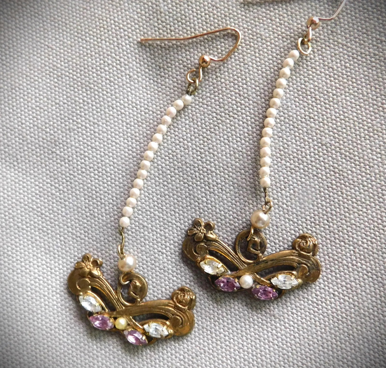 Vintage Seed Pearl, Amethyst and Crystal Long Drop Earrings - 8