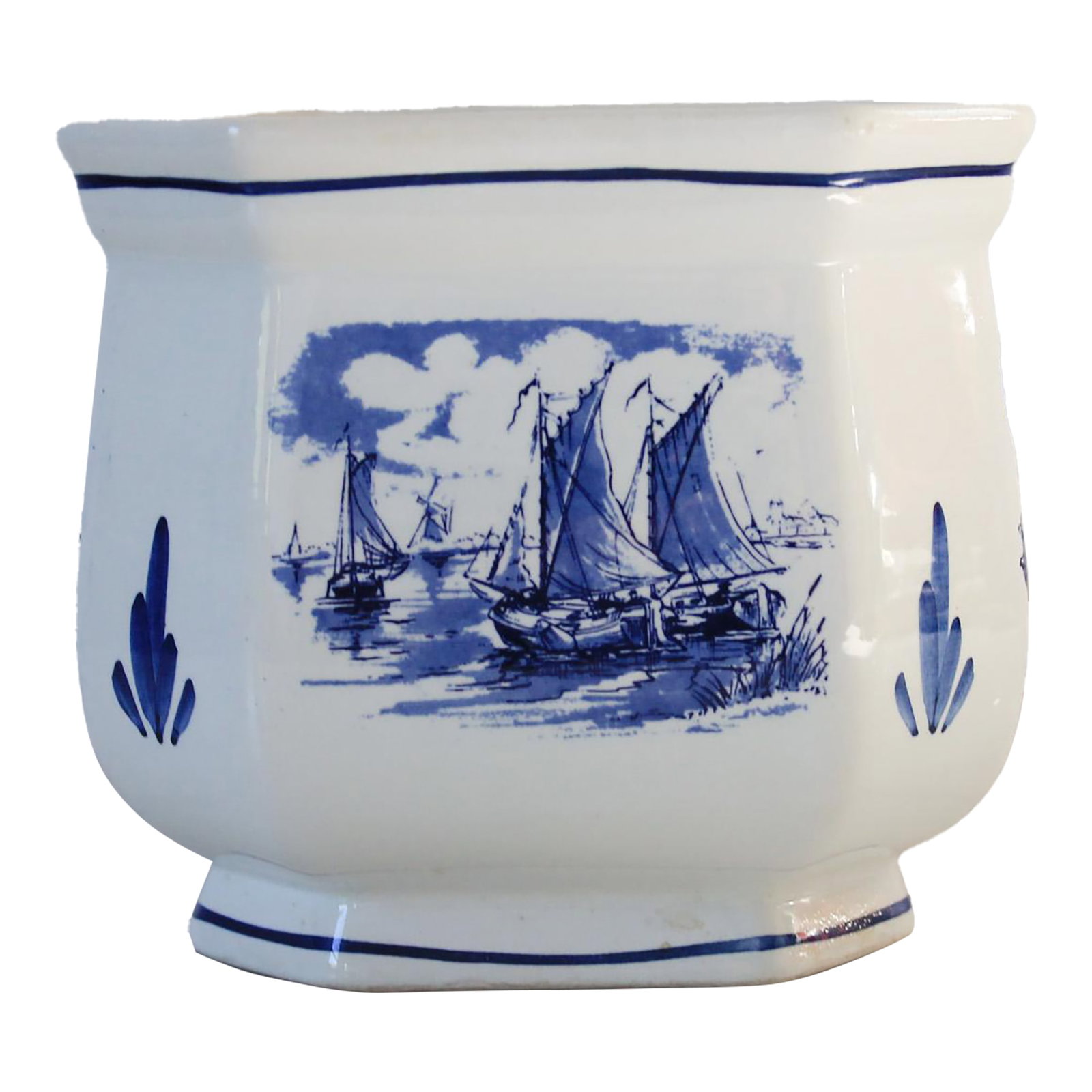 Vintage Hand Painted Blue & White Nautical Themed Ceramic Planter: Vintage hand painted blue and white ceramic planter with clipper ships and windmill motif. Made in Holland. Makers mark on the bottom. Some crazing. No chips. Hairline crack on the inside, does not sh