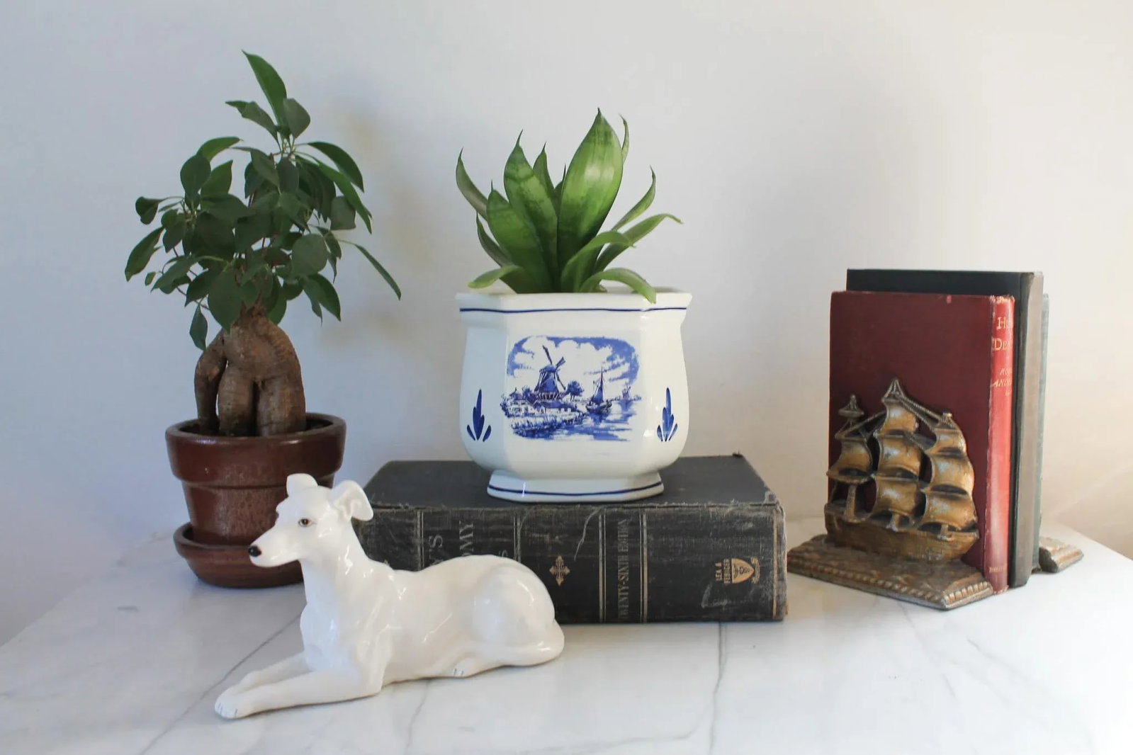 Vintage Hand Painted Blue & White Nautical Themed Ceramic Planter - 2