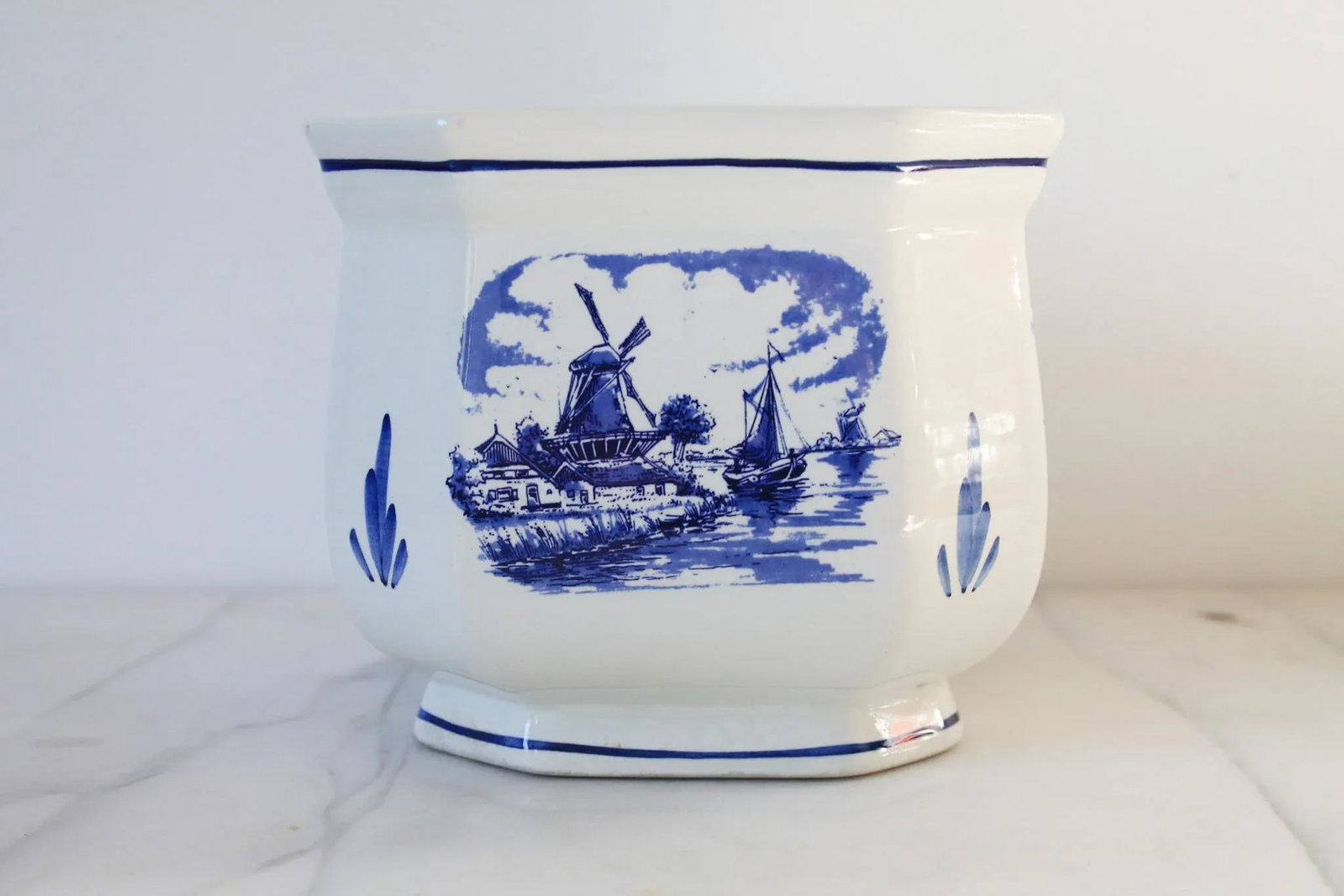 Vintage Hand Painted Blue & White Nautical Themed Ceramic Planter - 3