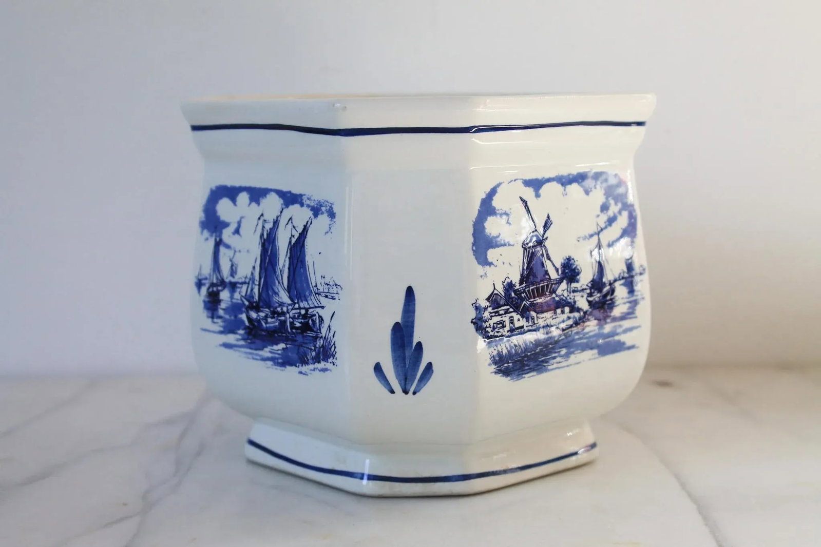 Vintage Hand Painted Blue & White Nautical Themed Ceramic Planter - 4