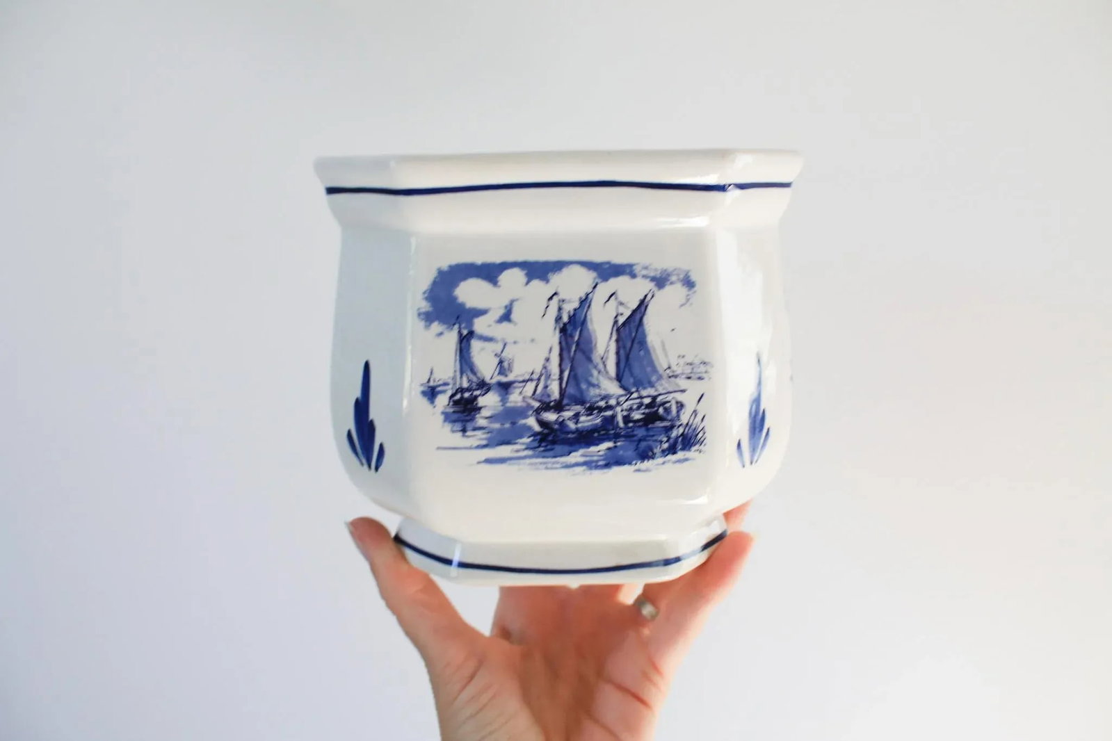 Vintage Hand Painted Blue & White Nautical Themed Ceramic Planter - 5