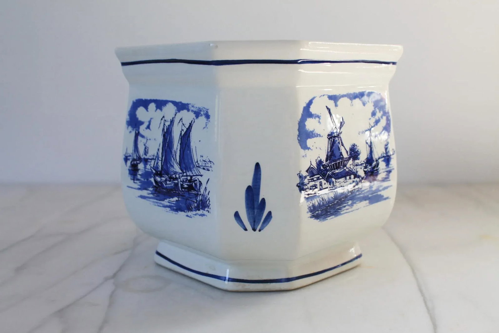 Vintage Hand Painted Blue & White Nautical Themed Ceramic Planter - 6