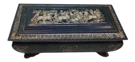 Vintage Blue & White Decorative Tin: This tin was released circa 1910 and made to resemble Wedgwood Jasperware with the blue background and embossed white images. The design appears to be a battle between good and evil with cherubs