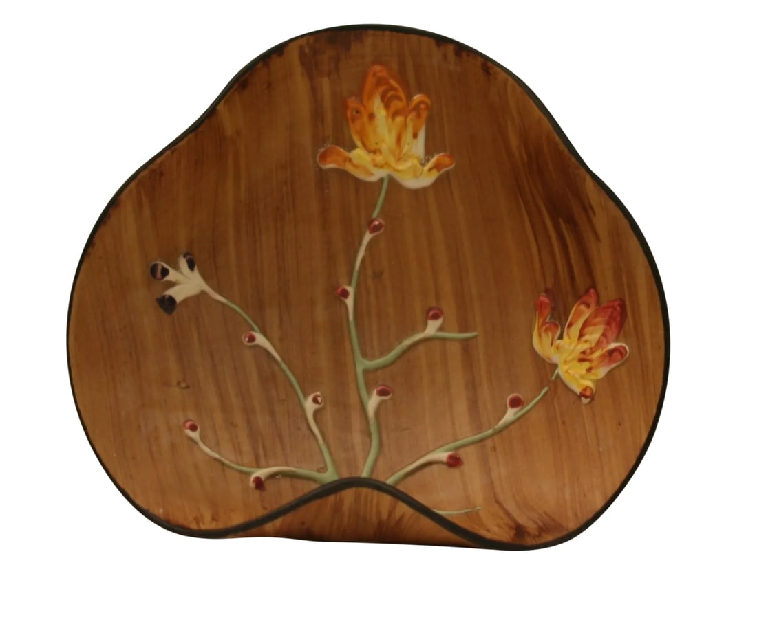 Mid Century Elbee Fanciullacci Italian Studio Pottery Floral Free Form Dish: Vintage Free Form Elbee Pottery Hand Made Dish / Bowl Imported from Italy This vintage imported free form dish has a light brown background streaked to resemble wood grain. The flowing sides are