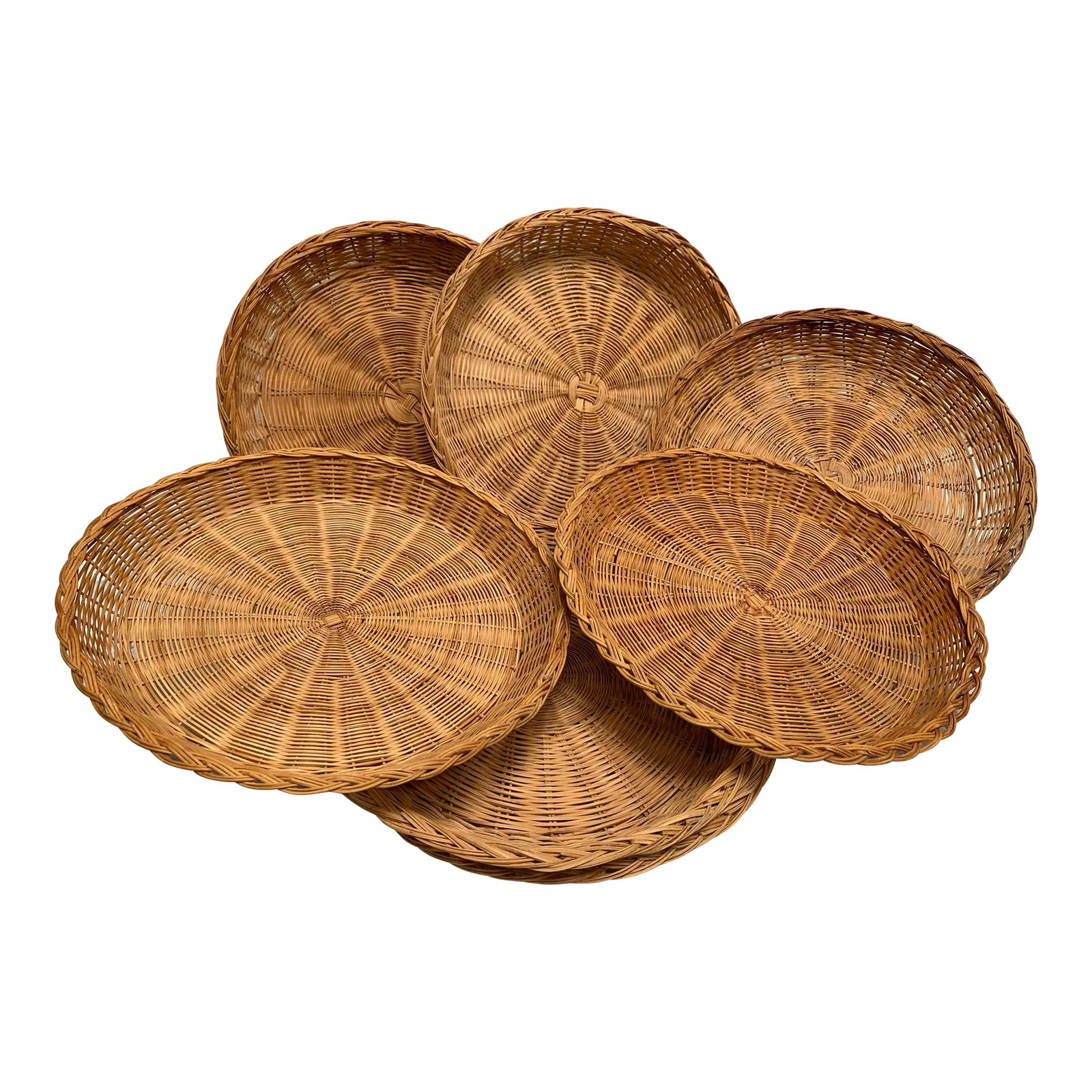 Vintage Set of Seven Wicker Wood Plate Holders: Set of seven rustic vintage wood wicker plate holders with braided edges. For indoor or outdoor uses. Supports paper plates. Made in the People's Republic of China in the 1960s-1970s. Condition: