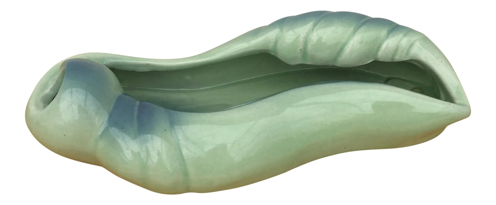 Art Nouveau Horton Ceramics Shell Inspired Planter Vase: For your consideration is an interesting shell-inspired planter with an Art Nouveau influence. The main color is pastel green with blue in some highlighted areas. Add to your mid century pottery