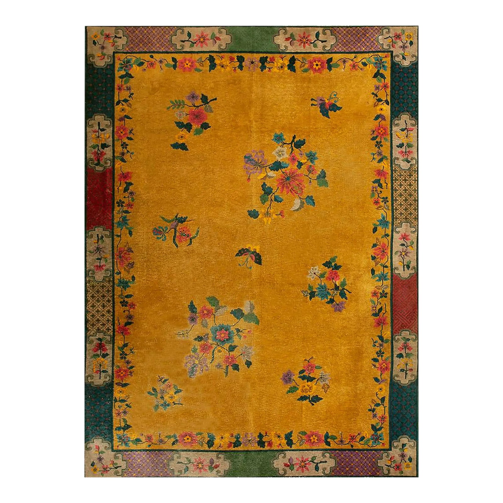 1920s Yellow Florid Antique Chinese Art Deco Carpet 7'2" X 9'10" Handknotted Wool Rug: 1920s Chinese Art Deco Carpet ( 7'2" x 9'10" - 208 x 300 ) 1920s Wool Yellow / Gold Orange Antique Hand Knotted Pile Rectangle Rug, Circa Date: 1920s. This exquisite example of early 20th-century