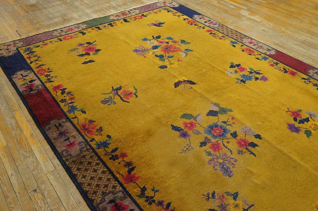 1920s Yellow Florid Antique Chinese Art Deco Carpet 7'2" X 9'10" Handknotted Wool Rug - 7