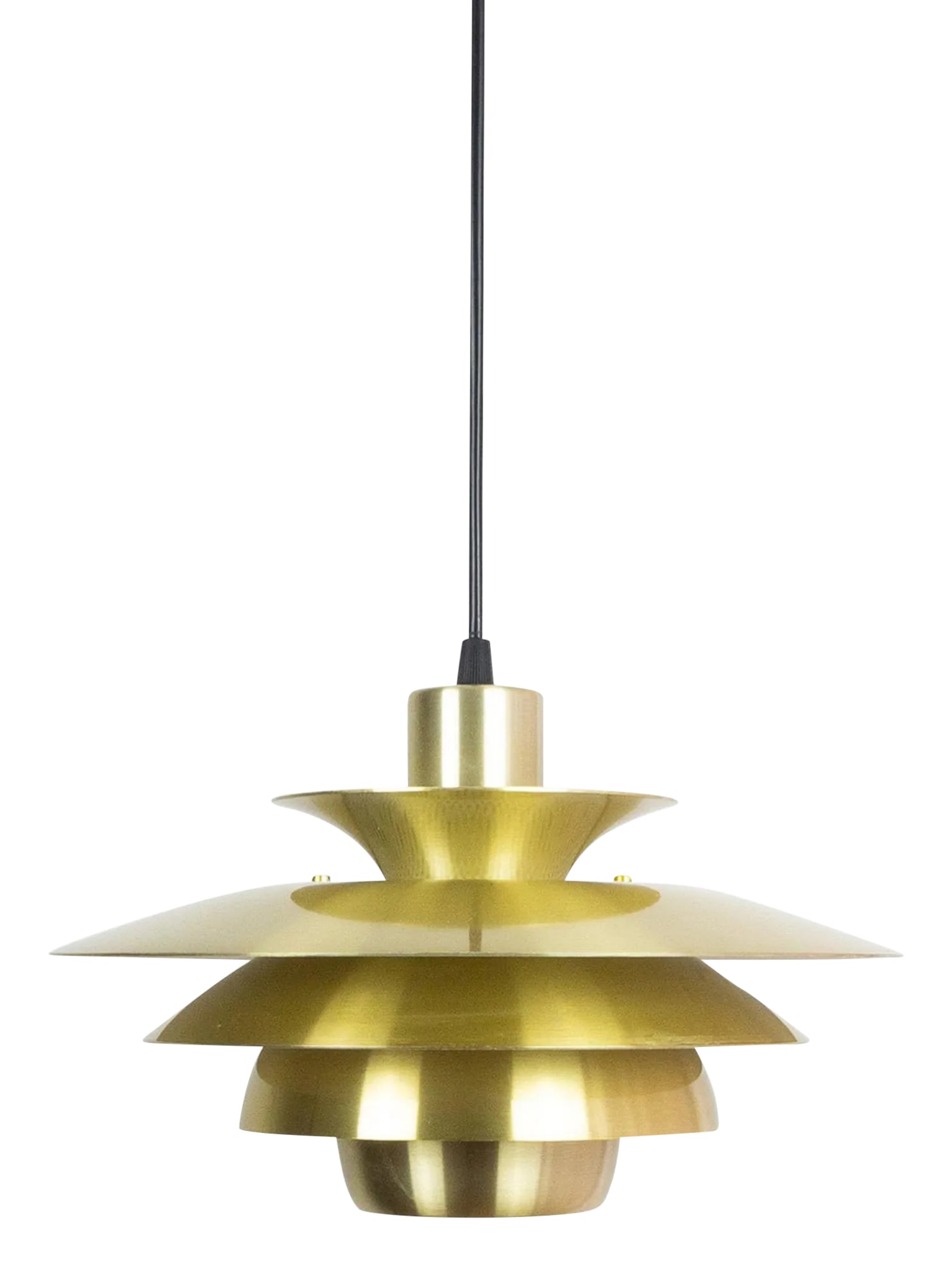 Danish Vintage Pendant Lamp Alexia by Jeka, Denmark, 1980s: The lamp is produced by the Danish company Jeka, consisting of six metal shades with a brass-painted exterior varnish and a transparent golden finish, held in place with white lacquered metal spacers