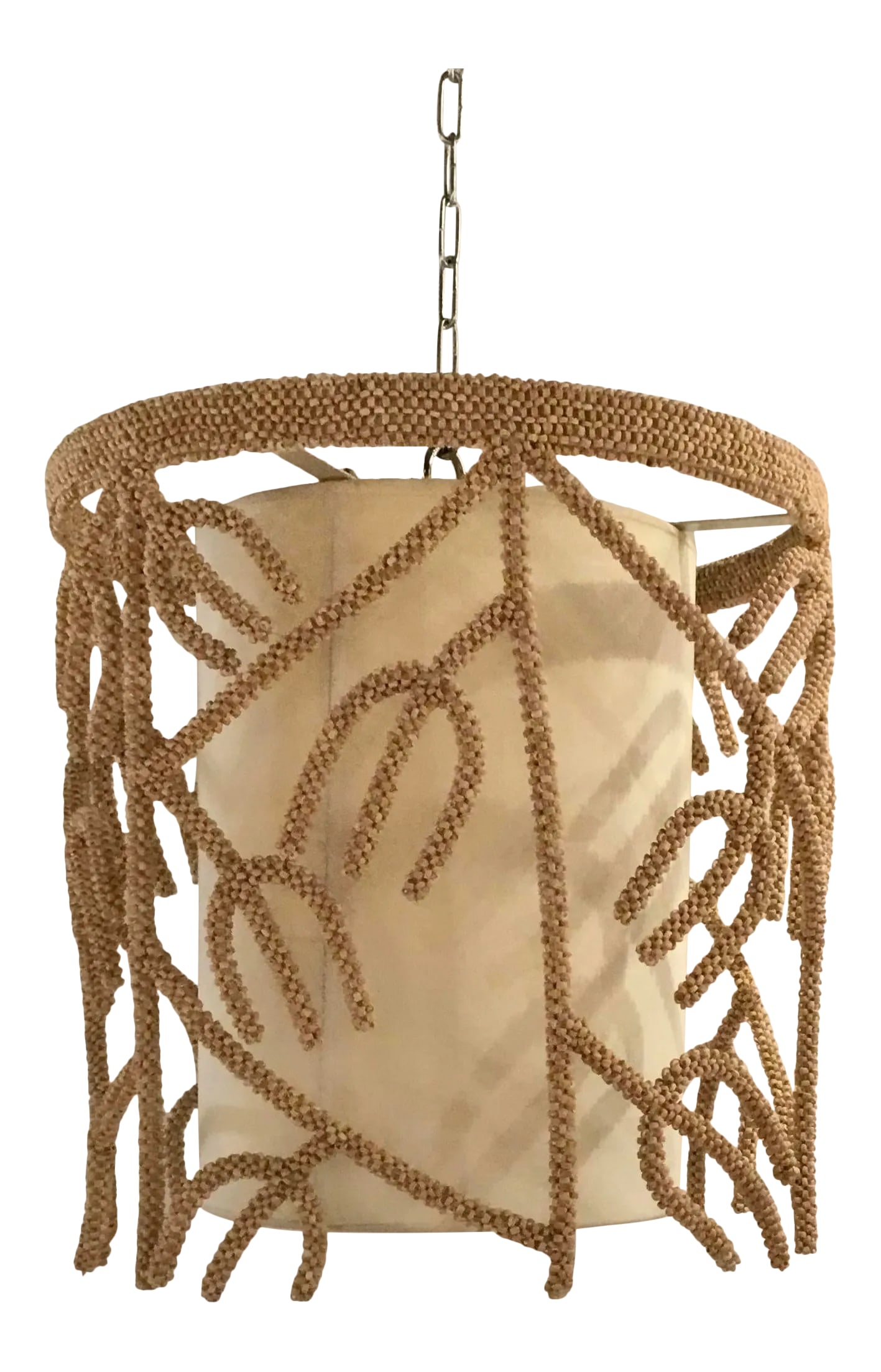 Organic Modern Coco Bead Pendant Light: Stylish Organic Modern Coco Bead Pendant Light , ivory cylinder shade, showroom floor sample Condition: Imperfections: Some Imperfections Condition Notes: Showroom floor sample, not brand new from a