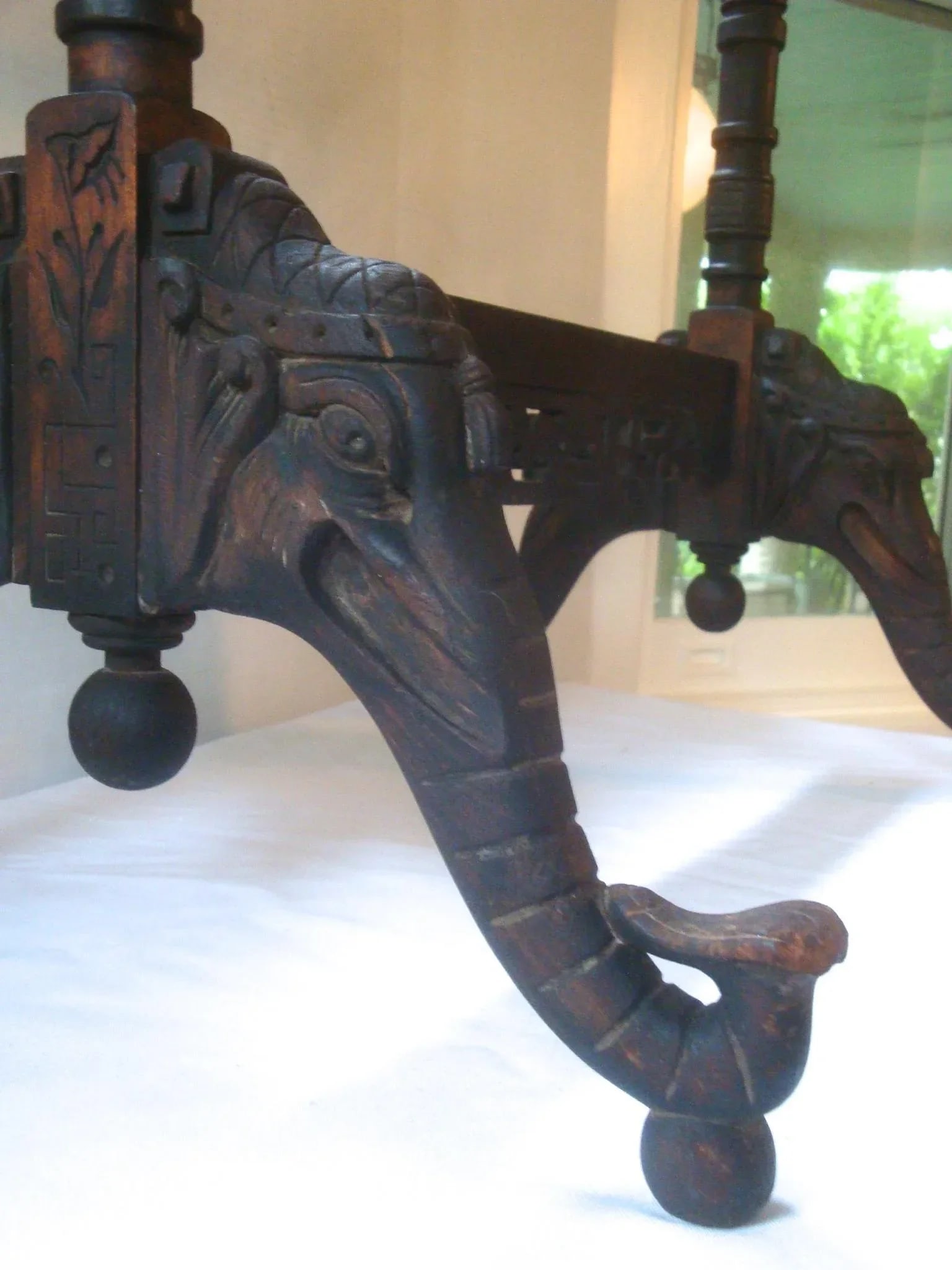 19th C. Chinoiserie Elephant Carving Wood Fire Screen - 2