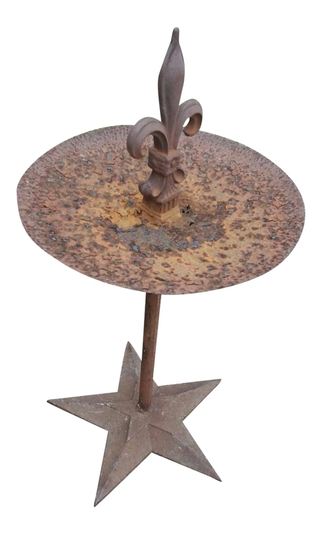 Antique Architectural Salvaged Ironwork Garden Ornament: A one-of-a-kind antique architectural ironwork, handmade from salvaged building elements, having a rustic, heavily patinated circular disc/dish, with outstanding deep rust and burnt orange coloring