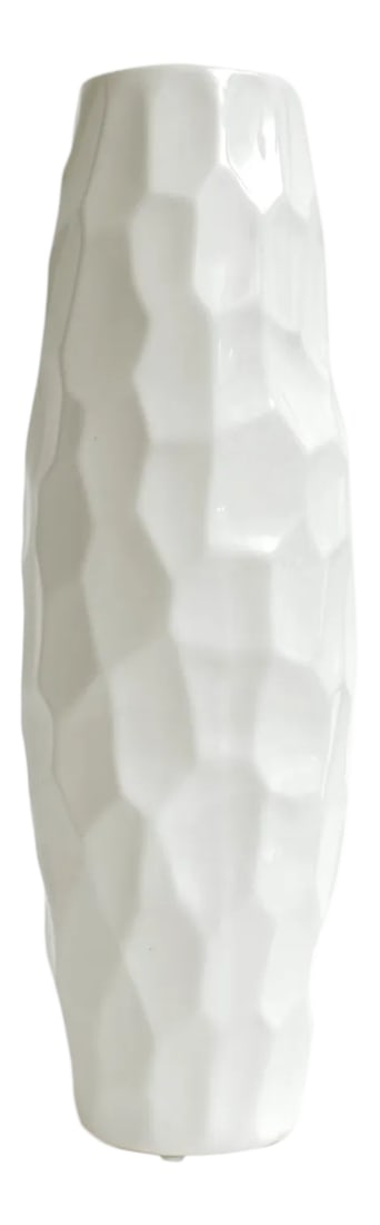 Vintage White Ceramic Textural Vase or Vessel Italian 1980's: This tall Italian vintage textural white ceramic vase or vessel has sculptural presence to it. It is from the 80's. It has a great modernity to it. This will be a great addition to any room. It can be