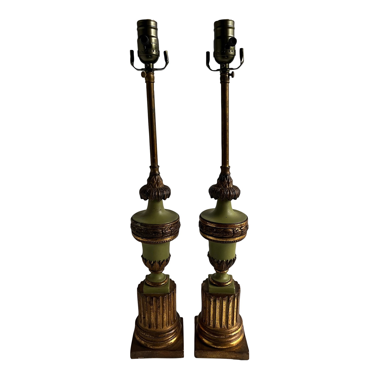 Antique Italian Table Lamps a Pair: A matching pair of antique Italian baluster form plaster table lamps with fluted base and green painted finish. Condition: Alterations: Original Condition Unaltered Imperfections: Some Imperfections C