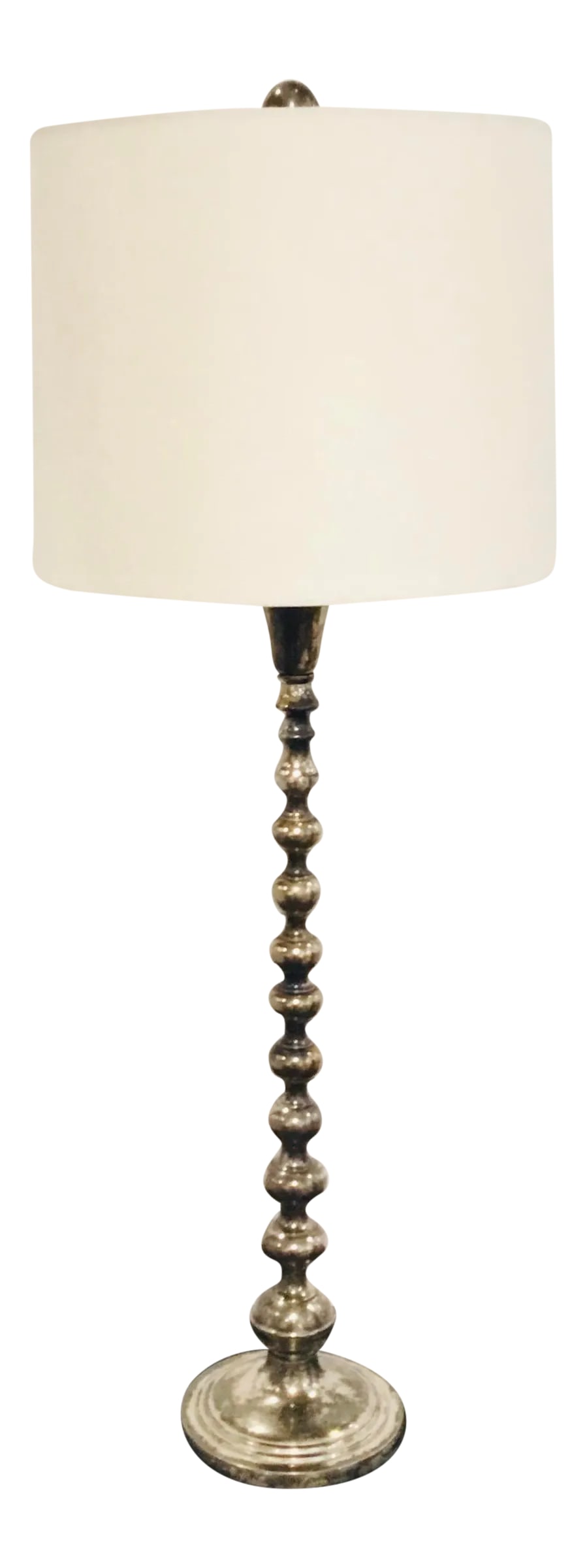 Currey & Co. Modern Aged Silver Finish Burton Table Lamp: Original Retail $780, stylish Currey & Co. Modern Aged Silver Finish Burton Table Lamp, white fabric shade, showroom floor sample Condition: Imperfections: Some Imperfections Condition Notes: