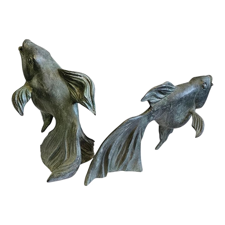 1950s Japanese Art Bronze Fly Koi Fish Garden Sculptures - Set of 2: Legendary Japanese Art Bronze Fly Koi Fish Garden Sculptures Circa 1950s. These well executed Japanese bronze Set of two Koi Fish or Goldfish sculpture has a beautiful patinated verdigris finish and
