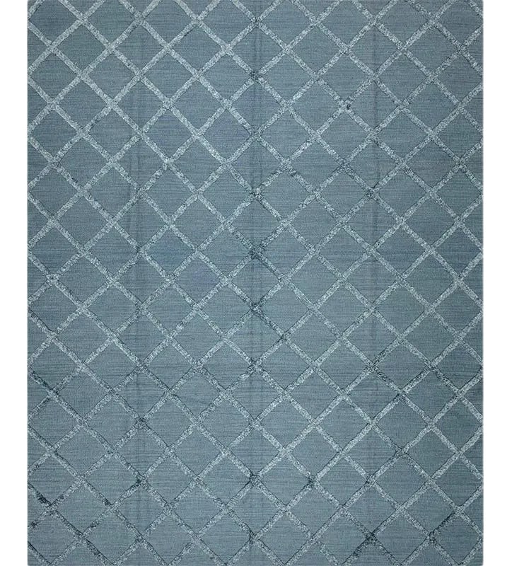 Handwoven Geometric Swedish Flatweave Area Rug 8'1"*10'1": Geometric Swedish flatweave Area Rug featuring an allover design in a blue-colored field. Hand-woven with a wool pile on a durable cotton foundation by the artisans of India. Condition: