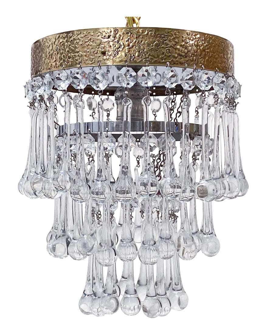 Italian Brass Upside Down Layered Cake Chandelier: Italian layered chandelier with brass rim and 30% leaded hand blown crystal teardrops. It has 1 Edison base socket that can hold up to 100W light bulb. Rewired and restored. #23 Condition: