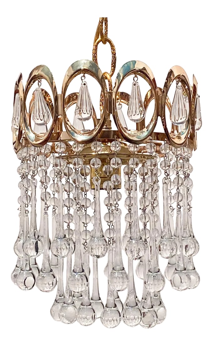 Vintage Mid-Century Gold Frame Layered Chandelier: Vintage and restored chandelier with polished gold frame, plain beads and hand blown teardrops. It has 1 edison base sockets that hold up to 75W light bulb or if you use Led light bulb can use equival