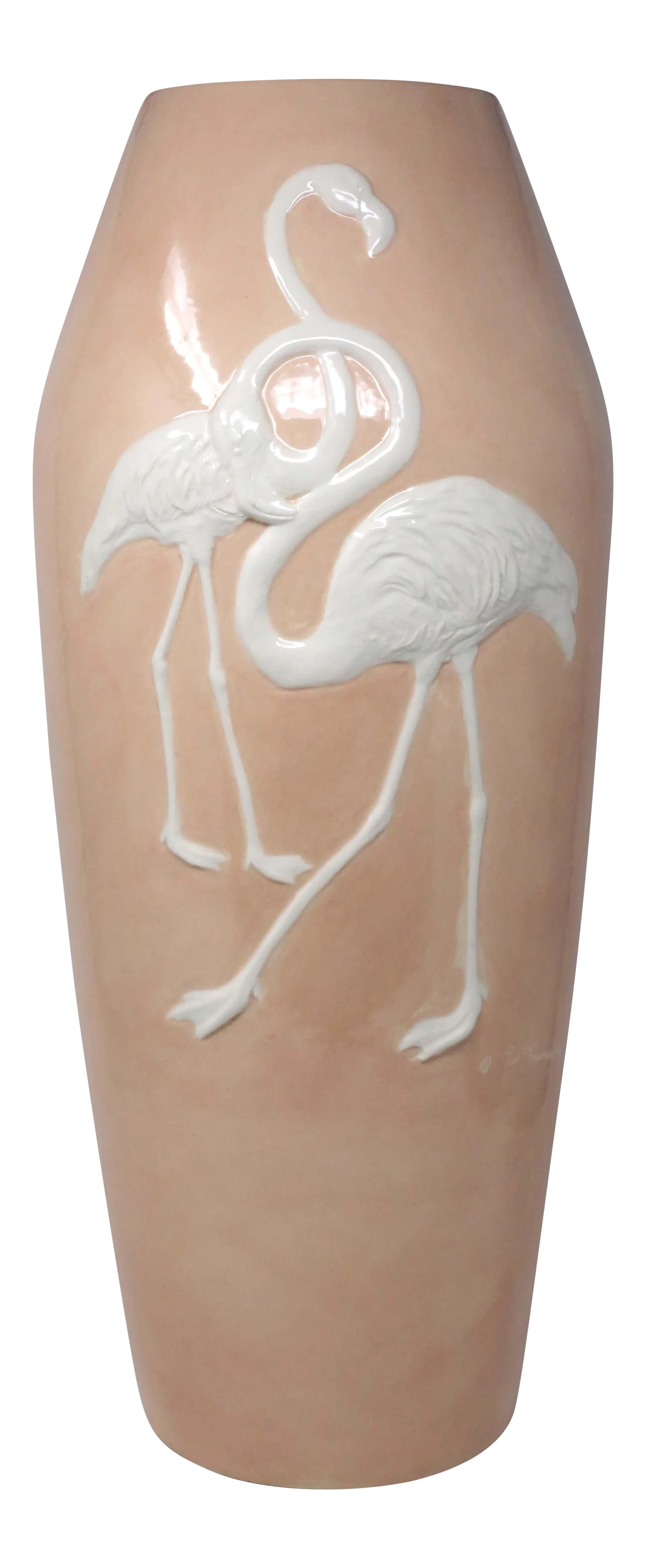 Pink and White Large Sculpted Flamingos Vase: A large, vintage handmade vase, with tapered form and sculpted white flamingos on a pink or peach background. Good vintage condition; no chips or cracks. Signed "The Townsends." Condition: Alterations