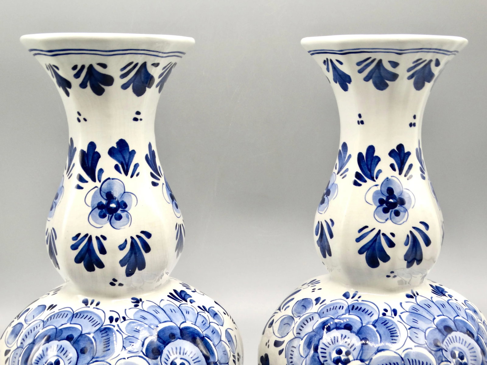 Lobed Bulbous Dutch Delft Vases Hand Painted, a Matched Pair - 6