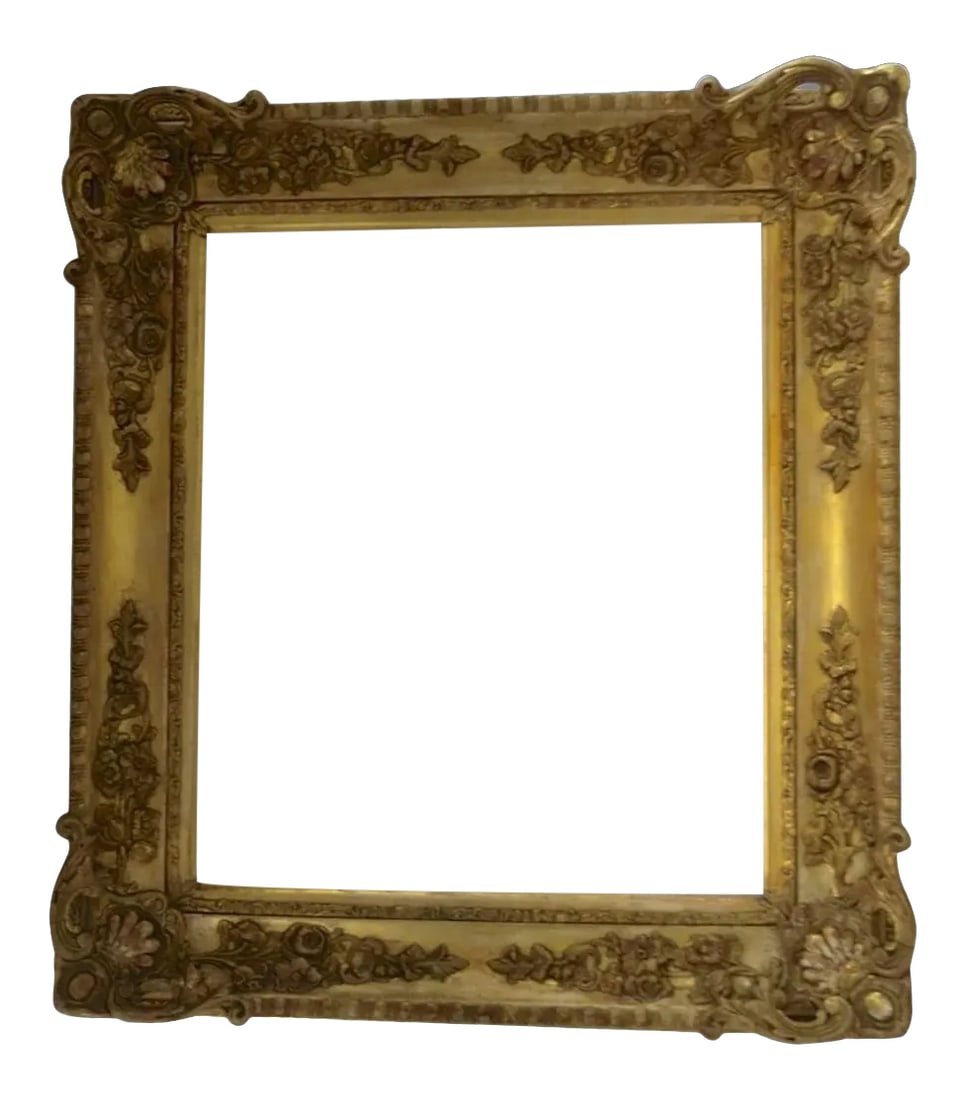 19th Century Gilt Gesso Wood Mirror Rectangle Frame Non Directional: 19th century wood gesso gilt frame. A mirror has been cut for the frame, can be used with or without mirror. Measures overall 21 1/2" by 19". Opening where mirror is 15" by 13". Non directional can be