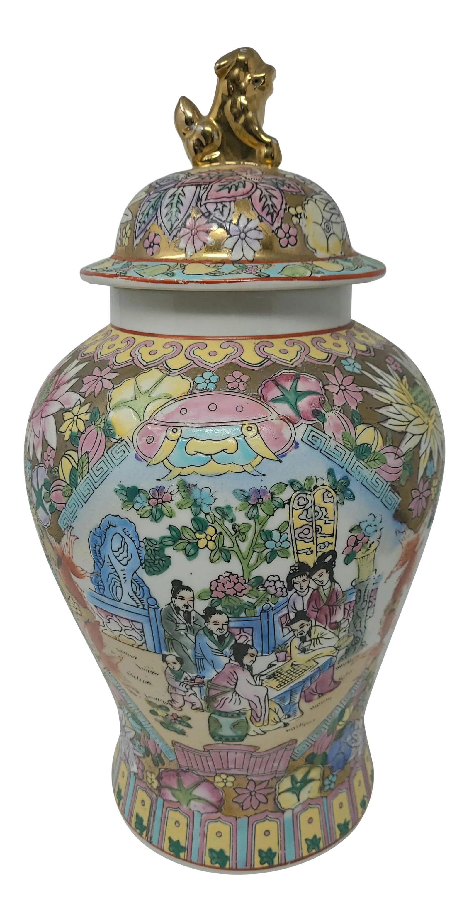 Vintage Rose Medallion Hand Painted Ginger Jar With Gold Foo Dog Lid: Vintage Rose Medallion Hand Painted Ginger Jar With Gold Foo Dog Lid Hand signed Scene depicts people playing board game Pink foo face at top of each side Mums and Koi accent the sides and back Gorgeo