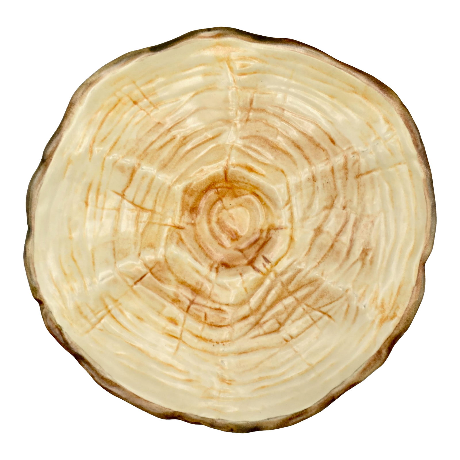 French Trompe l'Oeil Faux Bois Glazed Organic Oyster Plate: A rare, naturalistic Mid-Century French trompe l'oeil (French for fool the eye) faux bois oyster plate. It is a wonderful organic majolica plate with 6 wells and a center lemon well, by French maker,