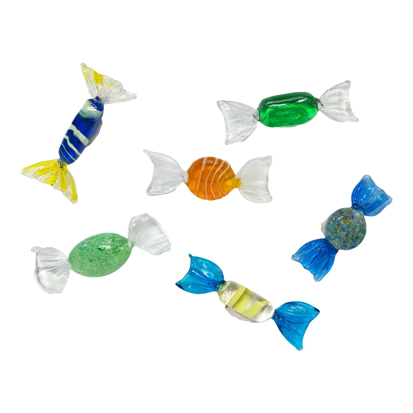 Vintage Murano Blown Glass Wrap Candies, Set of 6: Vintage set of six (6) colorful Murano blown glass wrap candies in a variety of shapes and colors. Five total, each measuring approximately 2.5-3.5"L. All retain Murano stickers to reverse. No chips