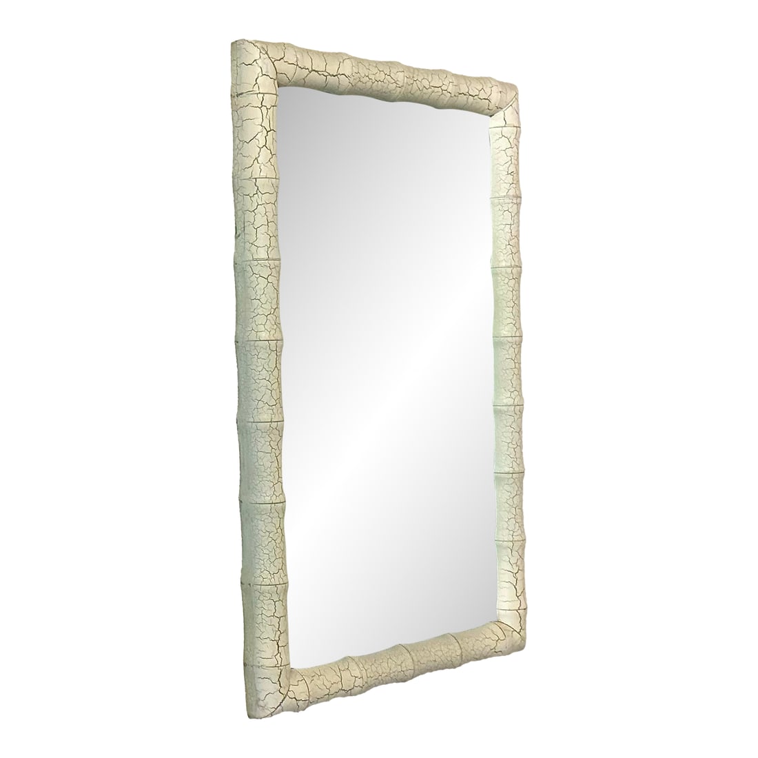 Faux Bamboo Rectangular Green Crackle Framed Wall Mirror, Mid-Century Modern: Vintage Mid-Century Modern Faux Bamboo wall mirror with white over green crackle finish. Solid bamboo structure solid wood. Built like a rock, quite heavy, just under 20 pounds. Hangs horizontally