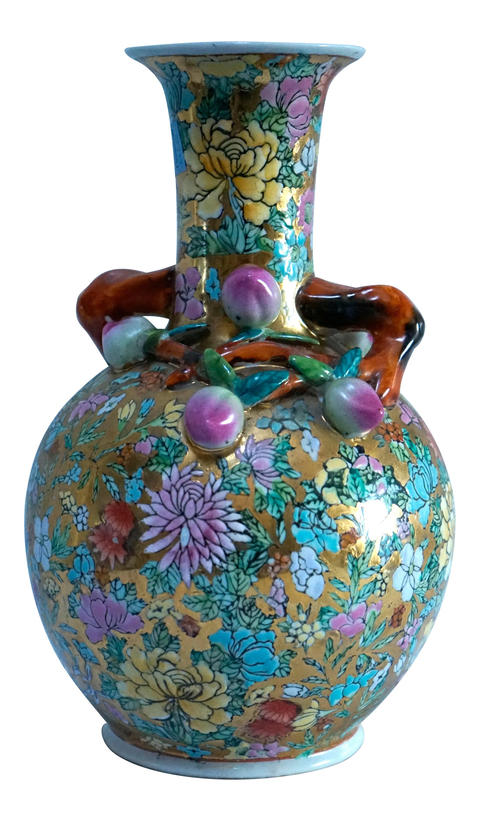 Vintage Chinese Thousand Flowers Gilt Globular Vase: The background of this vase in gold gilt is stunning with the variety of bright, colorful flowers. It is a vintage Chinese export made sometime between 1930 and 1950. The handles and buds are applied