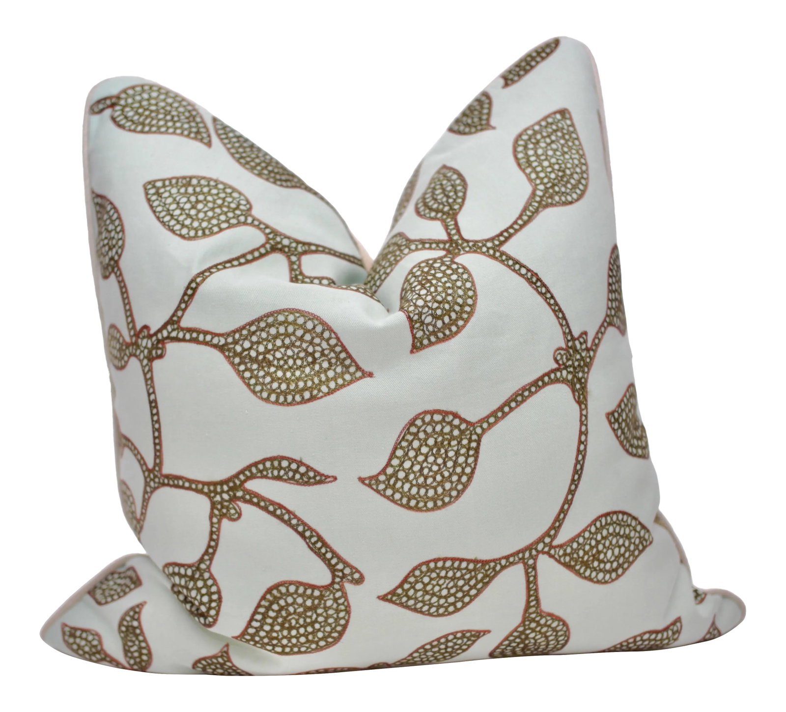 Jed Johnson "Lakme" 22" Square Embroidered Down/Feather Pillow: Beautifully handmade 22" Square Jed Johnson "Lakme" embroidered pillow, backed in Jed Johnson's "Cascade" fabric in Creme. Features a welt in linen from Avant Garde, a down/feather insert and an
